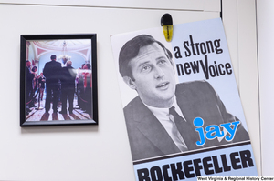 ["An old campaign poster hangs in Senator John D. (Jay) Rockefeller's office."]%
