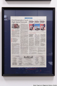 ["A framed news clipping hangs in Senator John D. (Jay) Rockefeller's office."]%