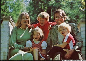 ["The 1976 Rockefeller family holiday card reads, \"Merry Christmas 1976.\" Pictured are Jay, Sharon, Valerie, Jamie (John), and Charles Rockefeller."]%