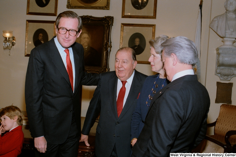 ["Former Senator Jennings Randolph and Senator Robert C. Byrd gather with Senator John D. (Jay) Rockefeller at the Senate swearing-in ceremony."]%