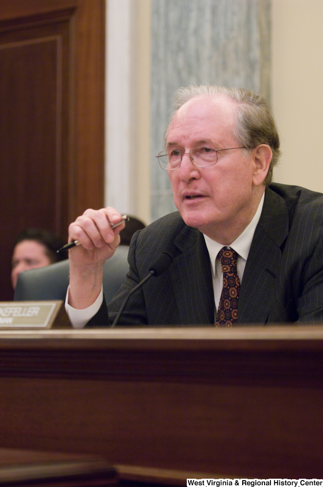 ["Senator John D. (Jay) Rockefeller listens to testimony at a Commerce Committee hearing."]%