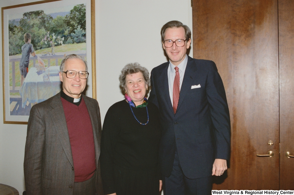 ["Senator John D. (Jay) Rockefeller stands with the presidents of Indiana colleges."]%