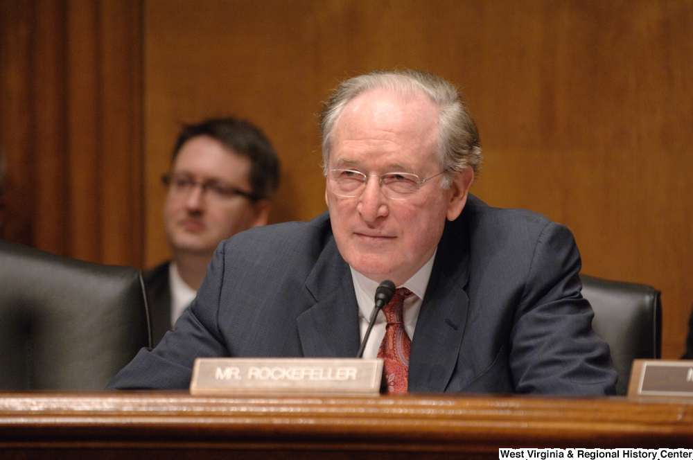 ["Senator John D. (Jay) Rockefeller listens to testimony at an Intelligence Committee hearing."]%