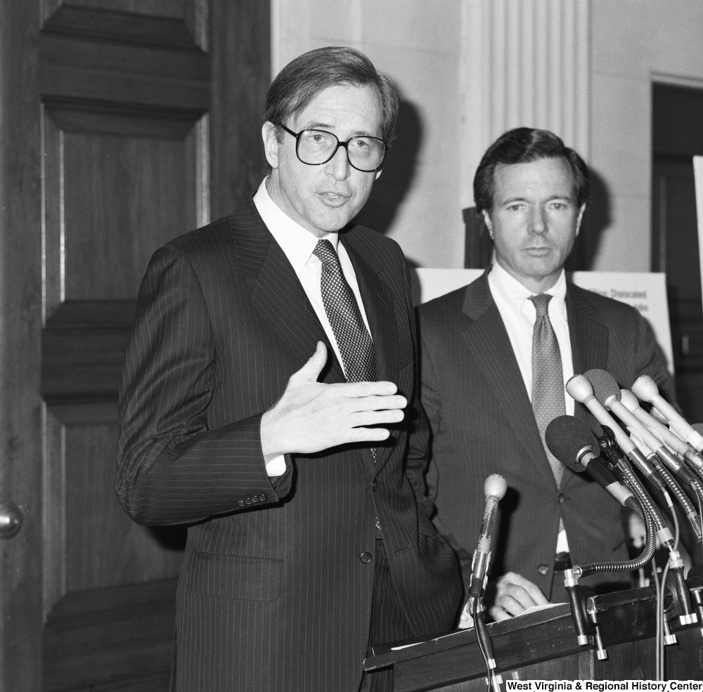 ["Senator John D. (Jay) Rockefeller speaks at a press event in support of the Dislocated Workers Improvement Act of 1987."]%