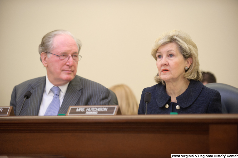 ["Senators John D. (Jay) Rockefeller and Kay Hutchison listen to testimony at a Commerce Committee hearing titled \"Safeguarding Our Future: Building a Nationwide Network for First Responders.\""]%