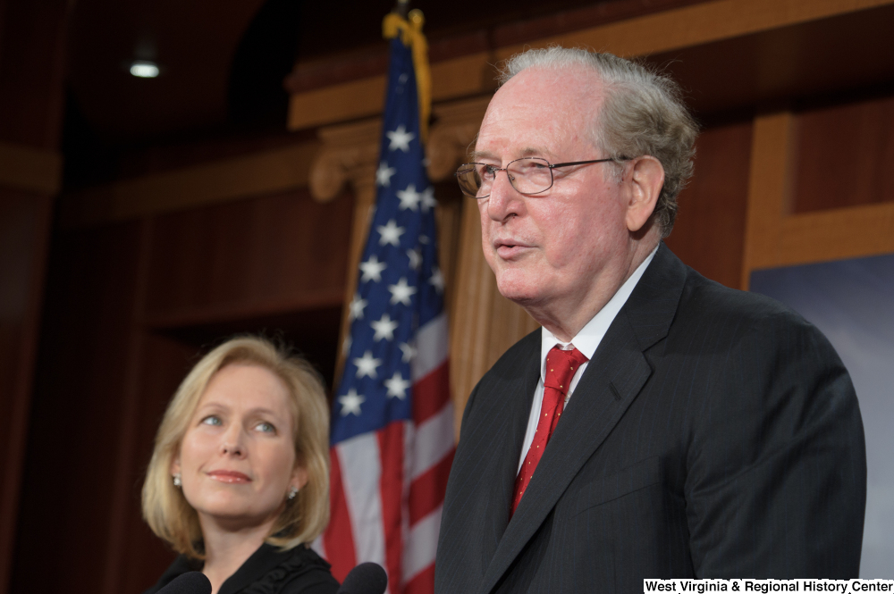 ["This photograph is a close-up of Senator John D. (Jay) Rockefeller speaking at a Senate press event."]%