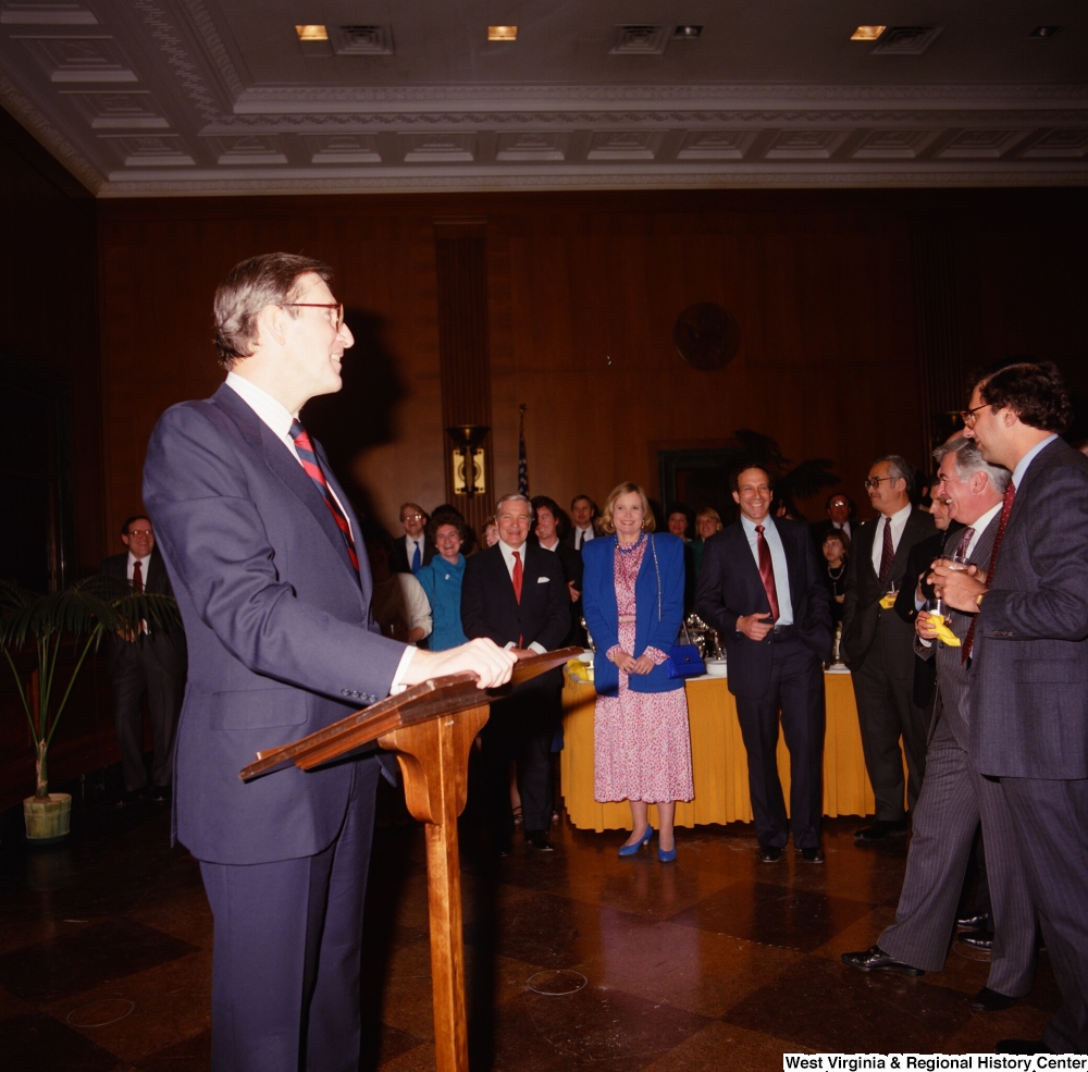 ["Senator John D. (Jay) Rockefeller speaks to the audience at an event in the Senate."]%
