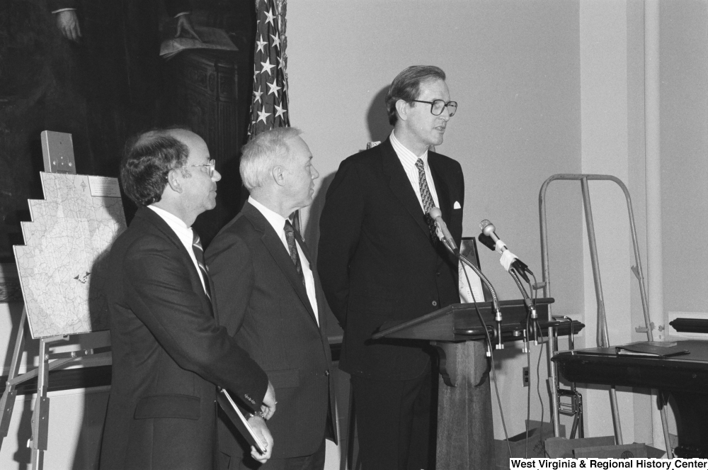 ["Senator John D. (Jay) Rockefeller speaks at a press event."]%