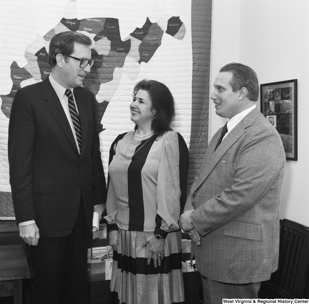 ["Senator John D. (Jay) Rockefeller speaks with a representative of the Department of Employment Security and Elkins Iron in his Washington office."]%