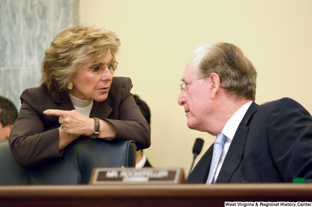 ["Senator John D. (Jay) Rockefeller and Senator Barbara Boxer speak before a Commerce Committee hearing."]%