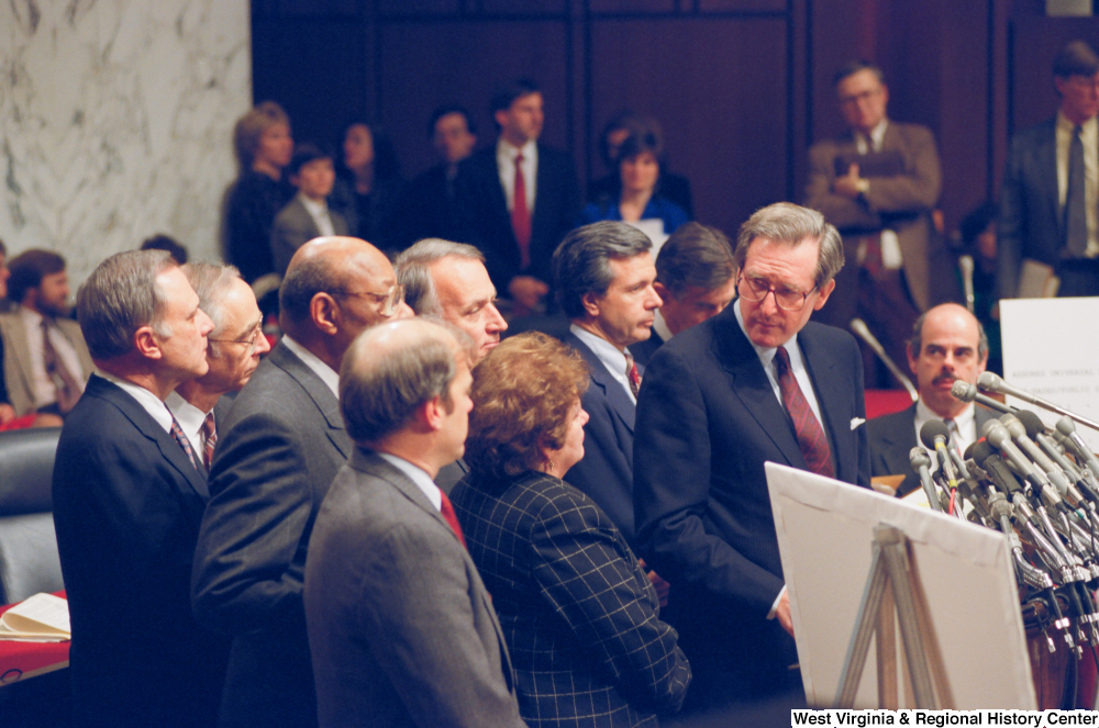 ["Senator John D. (Jay) Rockefeller looks to his side during a Pepper Commission press conference."]%