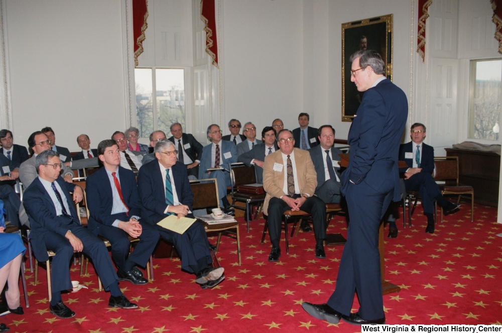 ["Senator John D. (Jay) Rockefeller addresses a group of visitors in the Senate."]%