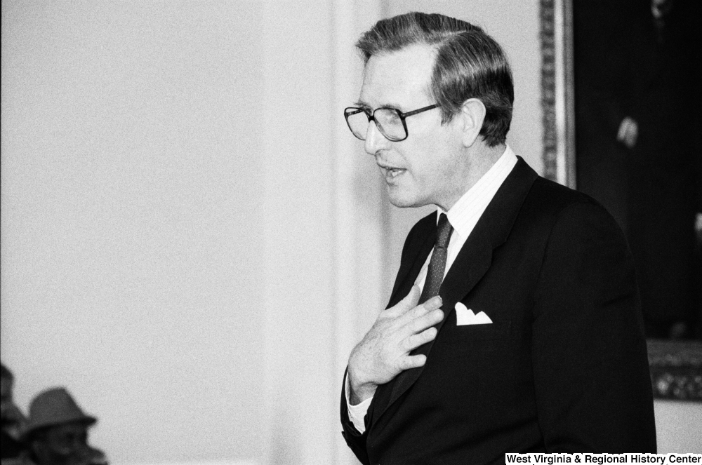 ["This is a close-up photograph of Senator John D. (Jay) Rockefeller while he speaks to an audience at a Senate building."]%