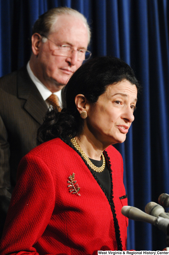 ["Senator Olympia Snowe speaks at a Senate press event."]%