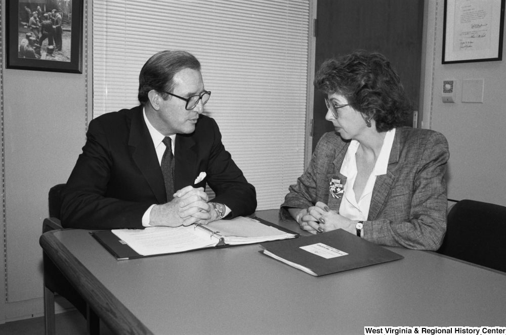 ["Senator John D. (Jay) Rockefeller meets with a member of the National Education Association's Congressional Contact Team."]%