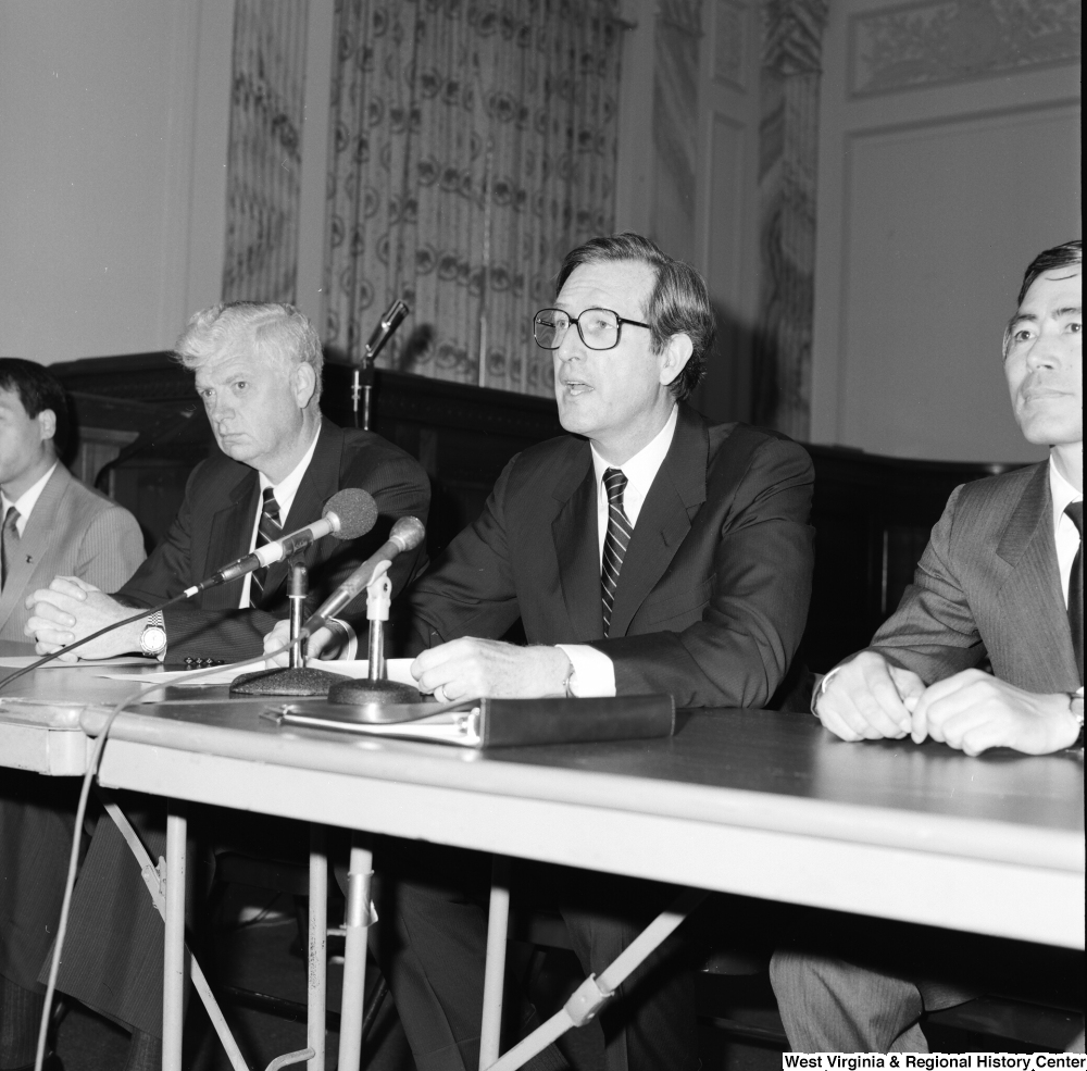 ["Senator John D. (Jay) Rockefeller speaks to the media at a press event."]%