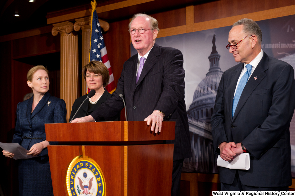 ["Senator John D. (Jay) Rockefeller speaks at a press event for the Commerce Committee."]%