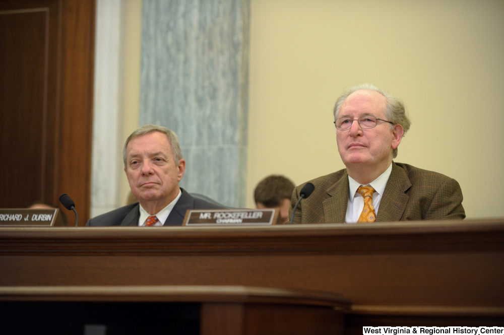["Senators John D. (Jay) Rockefeller and Richard Durbin sit next to one another at a Commerce Committee hearing."]%