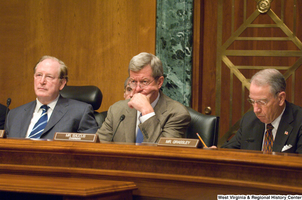 ["Senator John D. (Jay) Rockefeller listens to testimony during a committee hearing."]%
