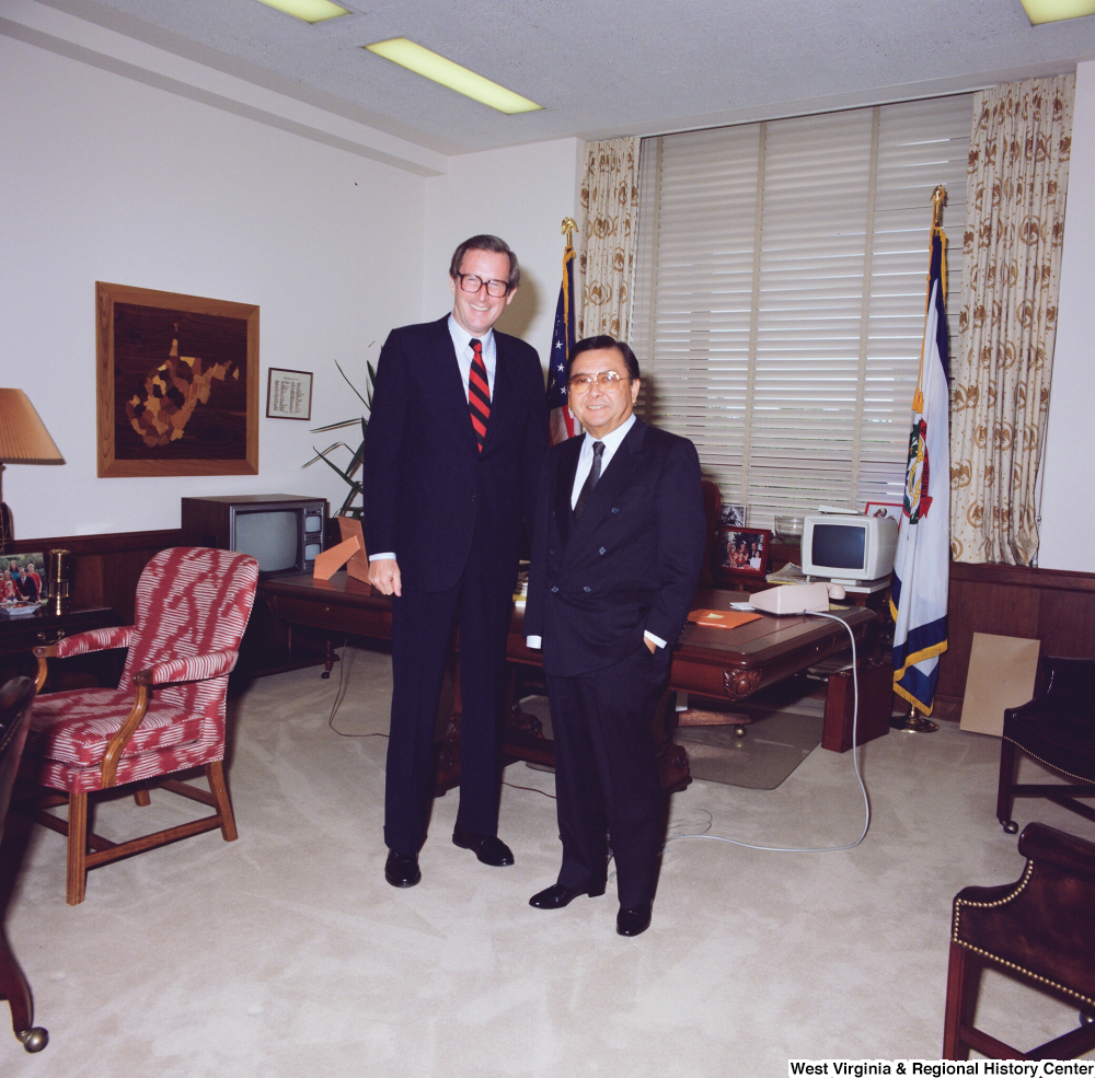 ["Senator John D. (Jay) Rockefeller and Senator Daniel Inouye pose for a photograph in his Washington office."]%