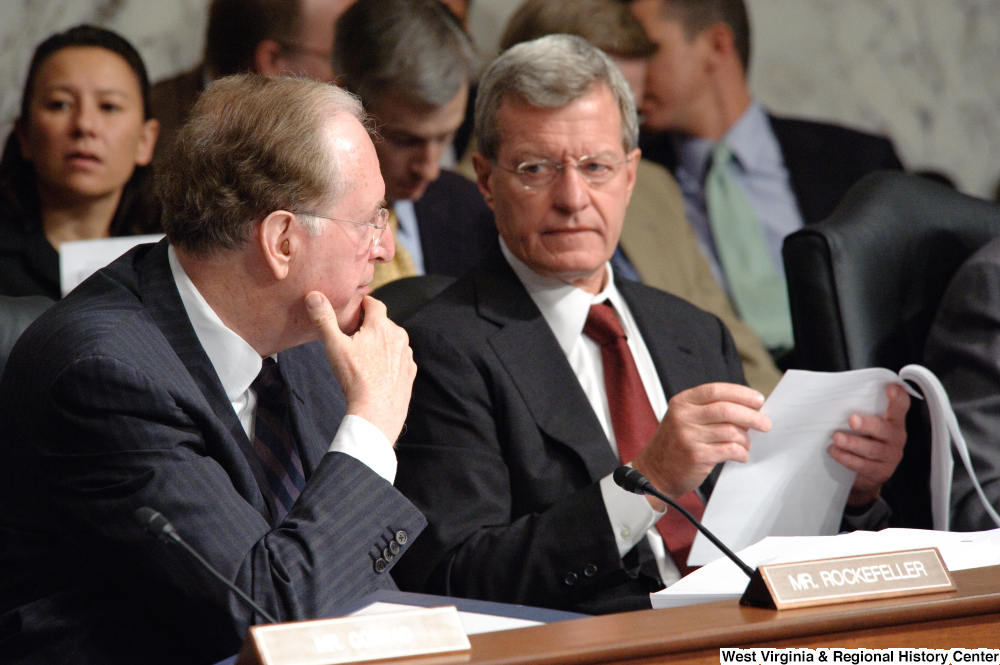 ["Senators John D. (Jay) Rockefeller and Max Baucus sit at a Finance Committee hearing."]%