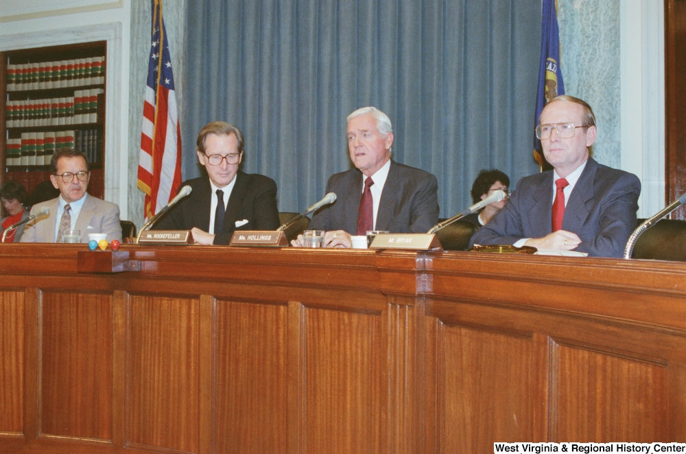 ["Senator Ernest Hollings speaks during a Senate Commerce Committee hearing."]%