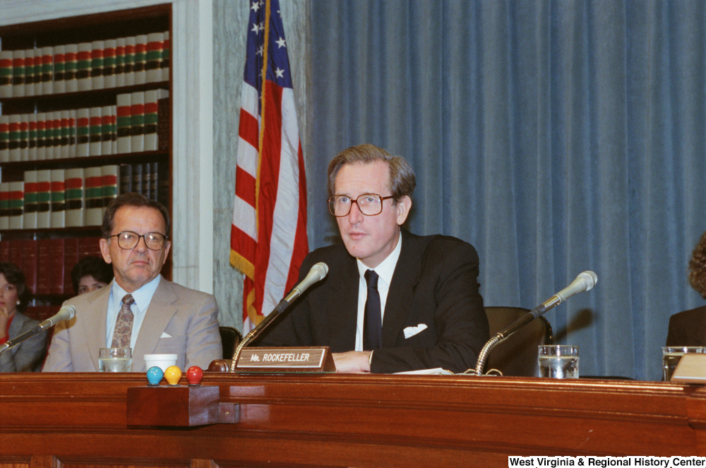 ["Senator John D. (Jay) Rockefeller looks at the audience at a Commerce Committee hearing."]%