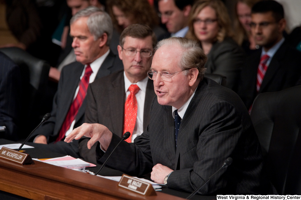 ["Senator John D. (Jay) Rockefeller speaks at a Finance Committee executive session to consider a health care reform bill."]%