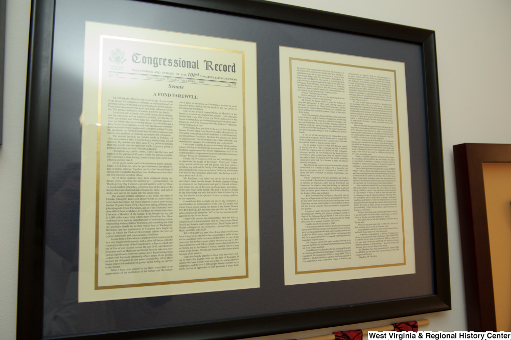 ["A framed copy of Senator Bob Graham's farewell address hangs in Senator John D. (Jay) Rockefeller's office."]%