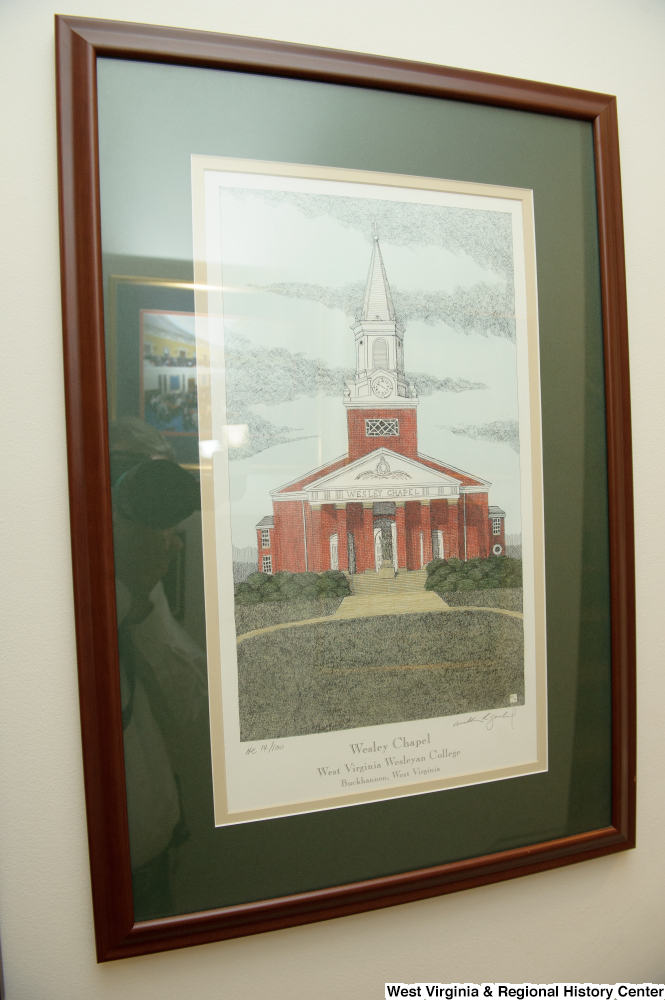 ["A framed drawing of Wesley Chapel hangs on a wall in Senator John D. (Jay) Rockefeller's office."]%