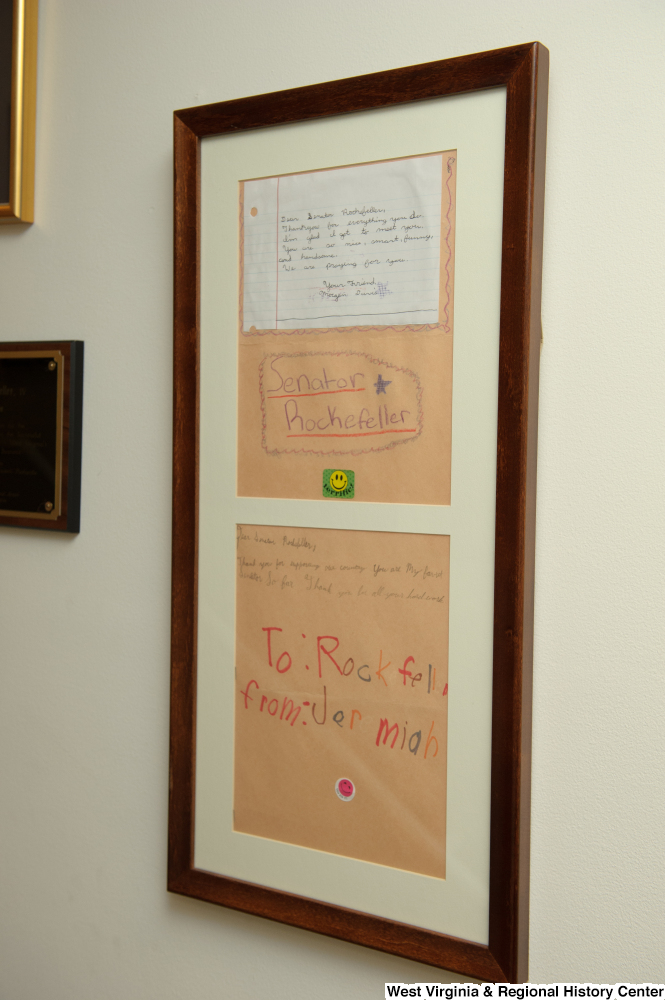 ["Framed letters from children hang in Senator John D. (Jay) Rockefeller's office."]%