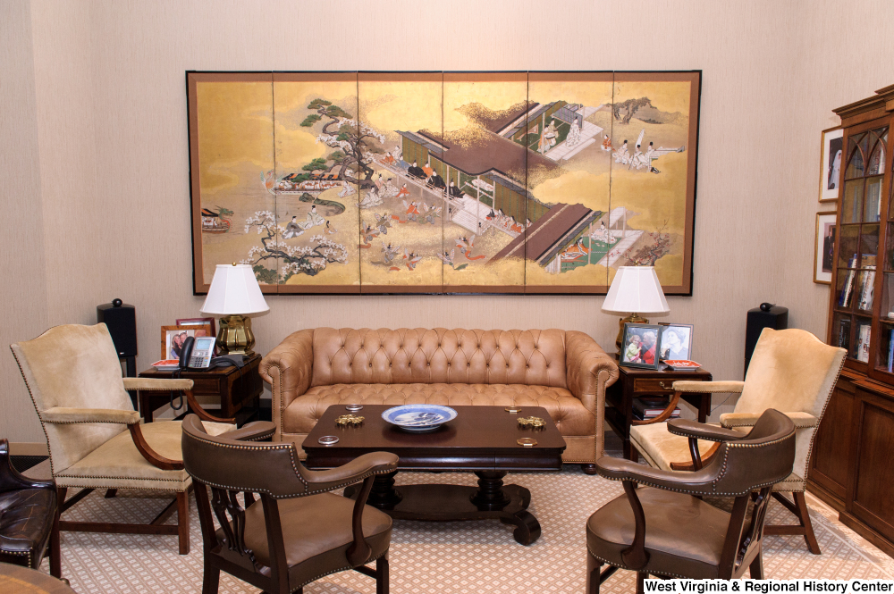 ["This photo shows chairs and a couch in Senator Rockefeller's personal office."]%