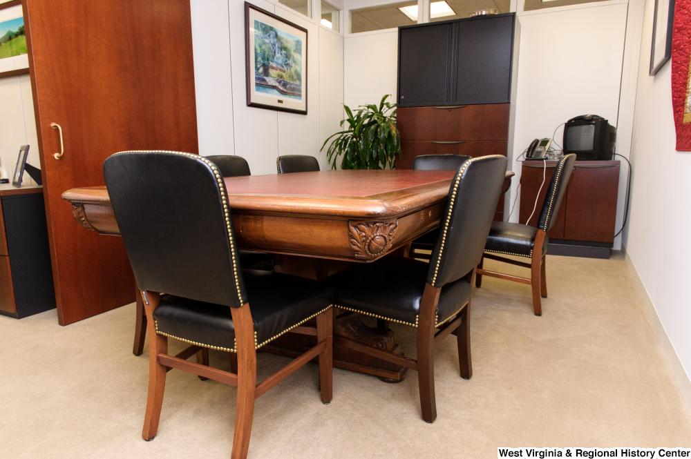 ["A wooden conference table sits in Senator John D. (Jay) Rockefeller's office."]%