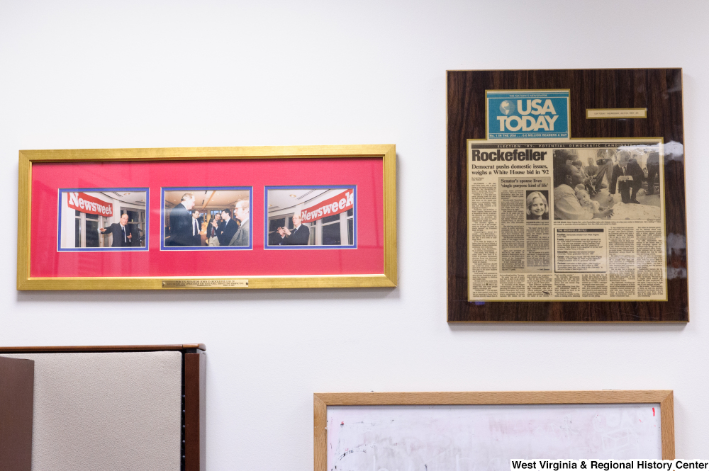 ["Two sets of news clippings hang in Senator John D. (Jay) Rockefeller's office."]%