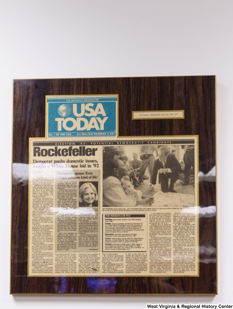 ["A USA Today article hangs in Senator Rockefeller's office."]%