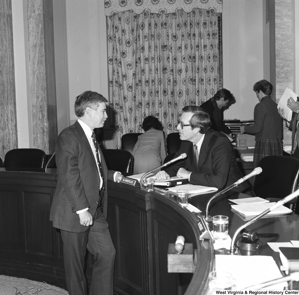["Senator John D. (Jay) Rockefeller speaks with the mayor of Nitro, West Virginia following a Senate Commerce Committee hearing. The mayor came to speak about how liability insurance was hurting towns and counties throughout West Virginia."]%